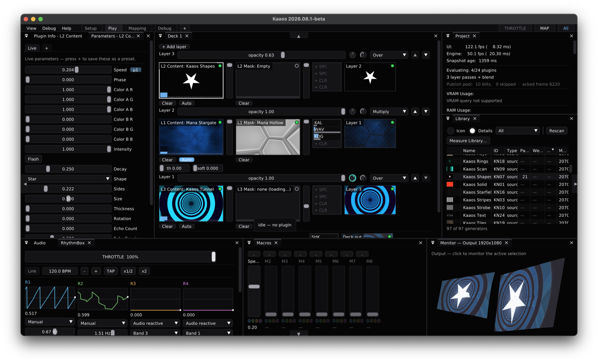 The Kaaos interface: a deck of three layers with content, mask and effect cells, a parameter panel, the generator library, RhythmBox scopes, macro faders and a monitor showing the mapped output