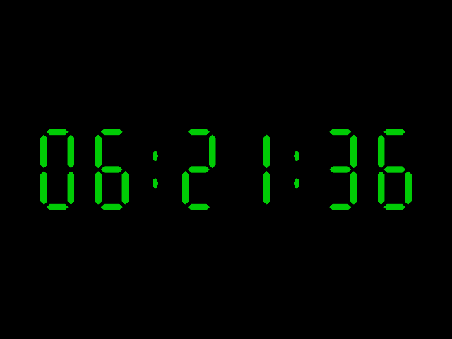 Green seven-segment digital clock showing 06:21:36